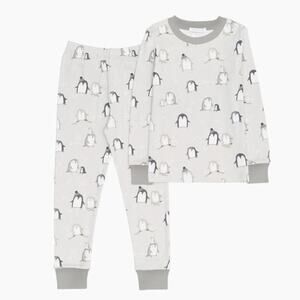 Pottery Barn Women's Two Piece Holiday Penguin Gray Knit Pajamas Size Small